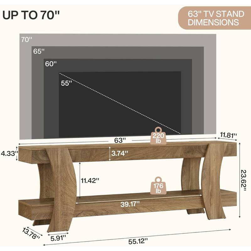 63" TV Stand with Storage, Farmhouse Wooden Media Console for 55/60/65/70-Inch TVs