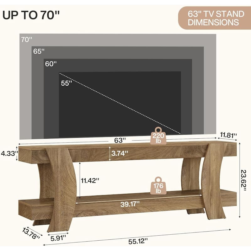 63" Wooden TV Stand for 55/60/65/70-Inch TVs, Farmhouse Media Console with 2 Open Shelf