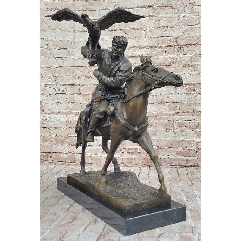 Horse Mounted Khazak Eagle Falcon Hunter Trained Bird Bronze Statue Sculpture Figure 21 Inches X 21 Inches