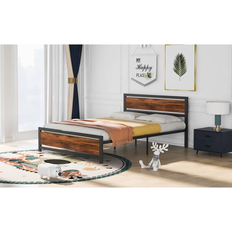 Metal and Wood Platform Bed Frame with Headboard & Footboard - Black 1 - Queen