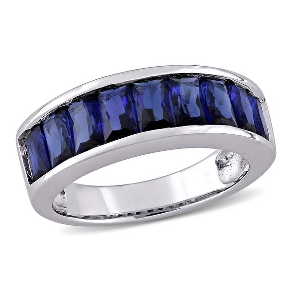 Miadora Sterling Silver Baguette-cut Created Blue Sapphire Semi-Eternity Anniversary Band Ring. Opens flyout.