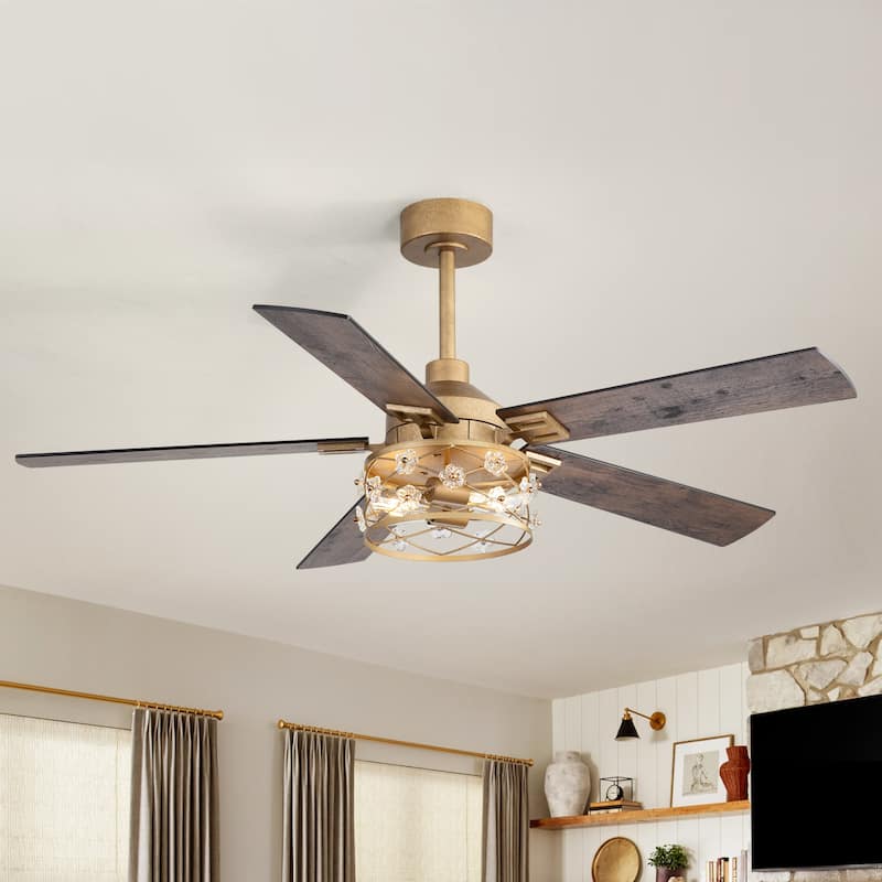 52" Reversible 5-Blade Farmhouse Glam Floral Glass Caged Ceiling Fan with Light and Remote
