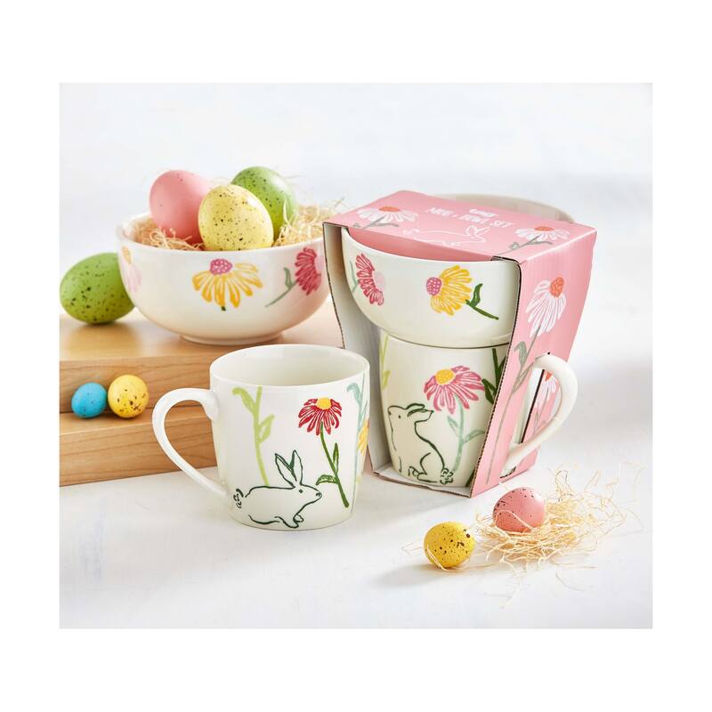 Easter Bunny with Pink and Orange Floral Print Bone China Mug & Bowl Set