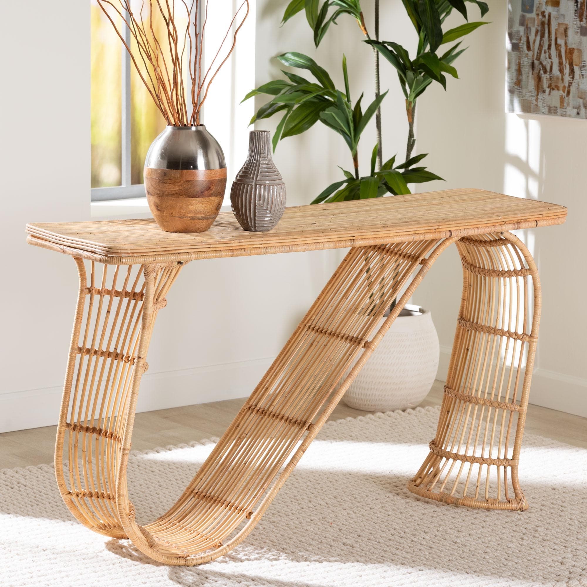 Araceli Rattan S-Curve Console Table - Handwoven Wicker Sculptural Accent Table for Living Room or Entryway