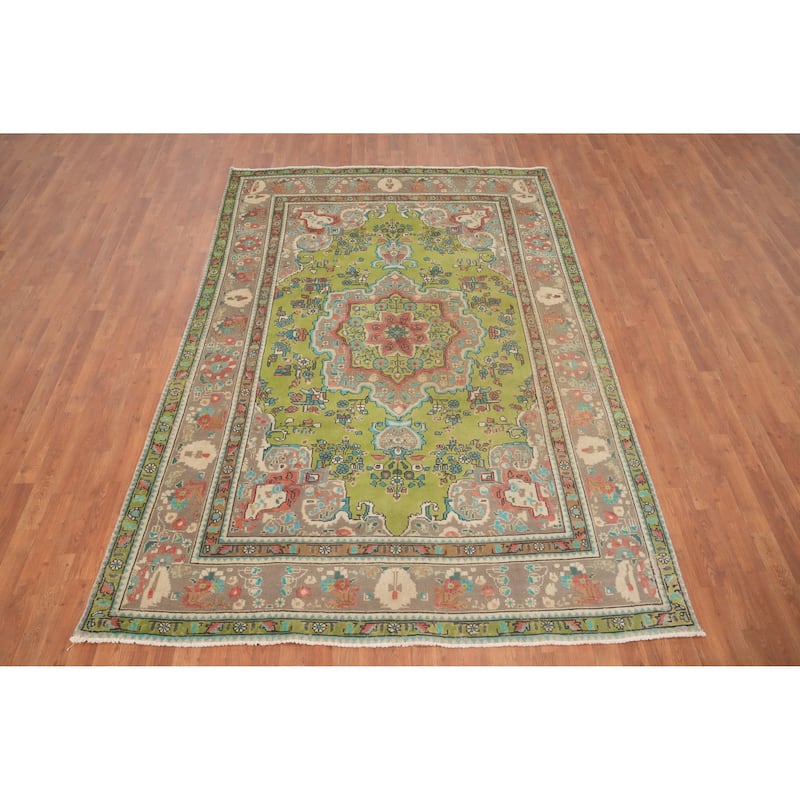 Hand Knotted Oriental 100% Wool Carpet Traditional Floral Green Tabriz Area Rug - 9' 7'' X 6' 5''