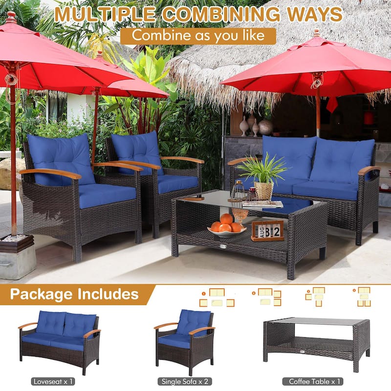 Costway 4PCS Patio Rattan Furniture Set Cushioned Sofa Storage Table