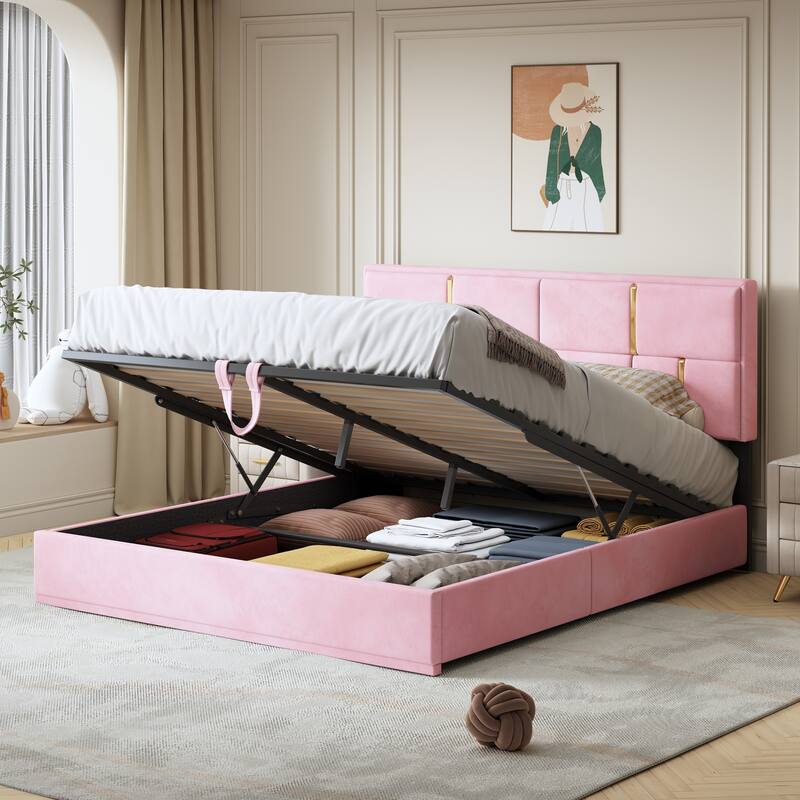 Queen Size Hydraulic Storage Platform Bed with Rectangular Pattern Headboard & Storage Underneath, Noise Free Bed Frame
