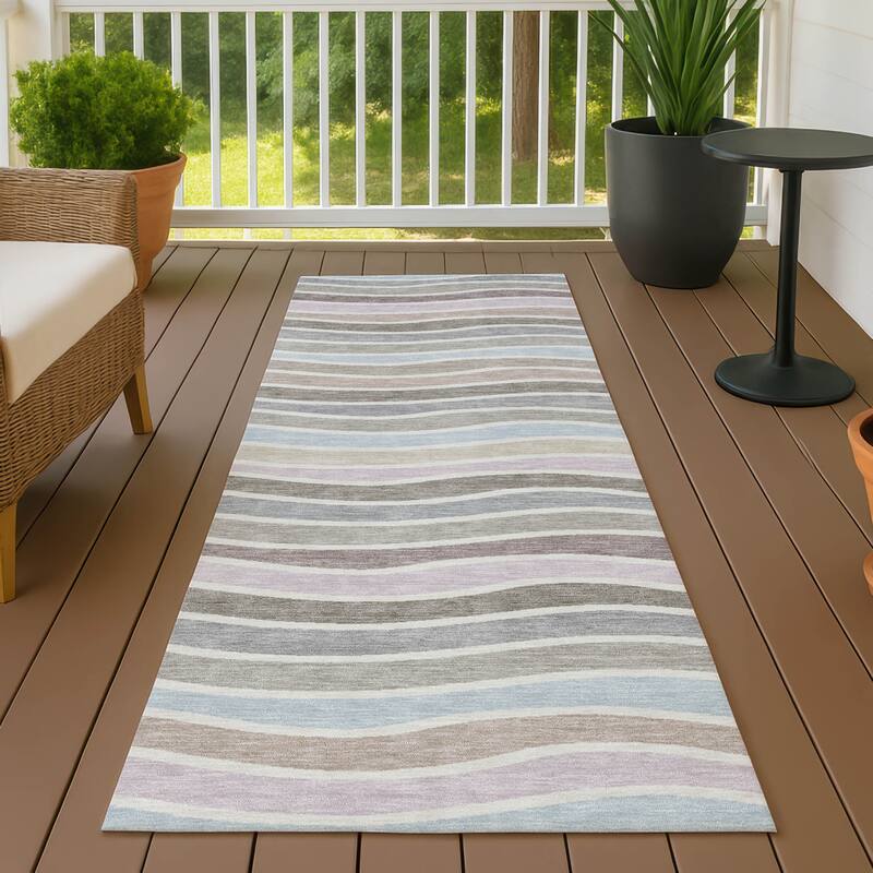 Machine Washable Indoor/ Outdoor Contemporary Stripe Chantille Rug - Tan - 2'3" x 7'6"