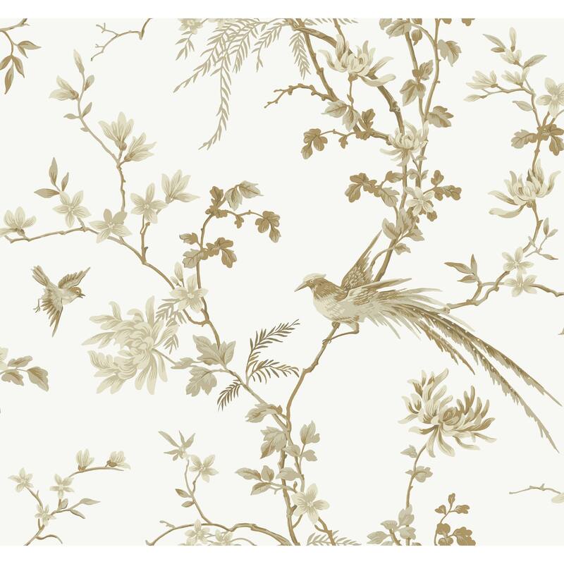 Schusterman, Bird And Blossom Chinoserie Wallpaper, 27 in x 27 ft = 60.75 sq ft, Wallpaper Roll - White/Gold