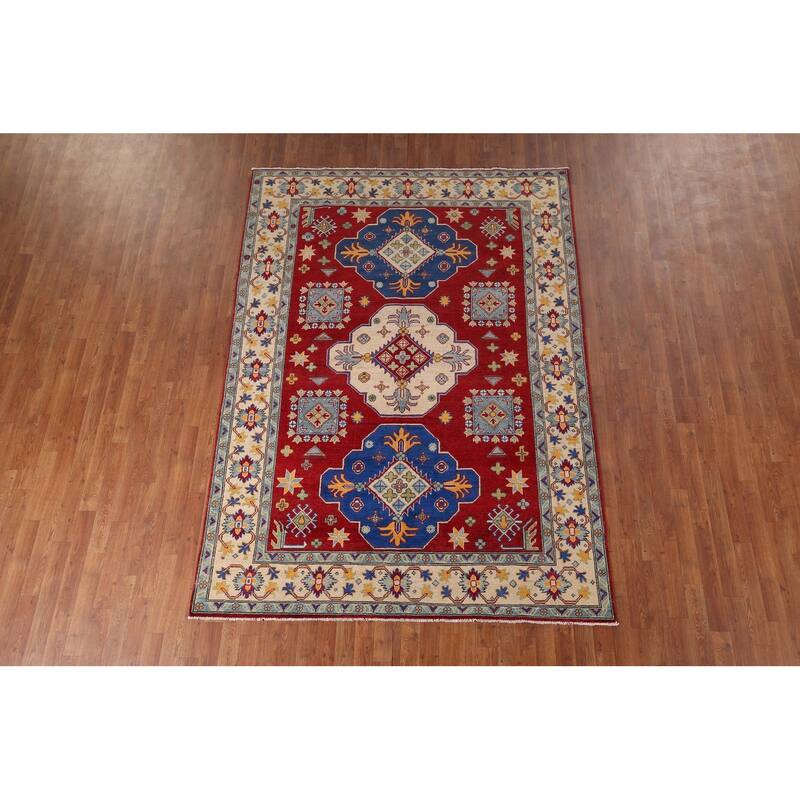Hand Knotted Oriental 100% Wool Carpet Traditional Geometric Red Kazak Area Rug - 8' 7'' X 6' 2''