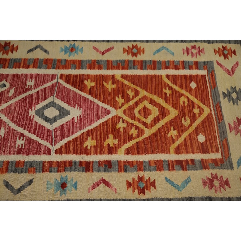 Hand Woven Oriental 100% Wool Carpet Southwestern Tribal Multi-Colored Kilim Runner Rug - 11' 8'' X 2' 8''