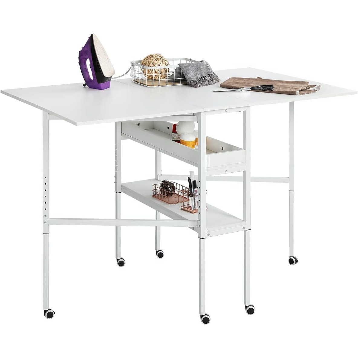 MELLCOM Height Adjustable Craft Table with Storage Shelves Mobile