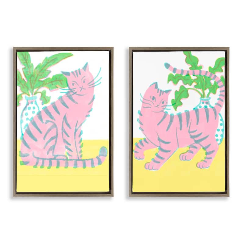Stupell Pastel Pink Cats & Plants Framed Floater Canvas Wall Art Design By Hannah Moren (Set of 2) - 17 x 25 - Brown