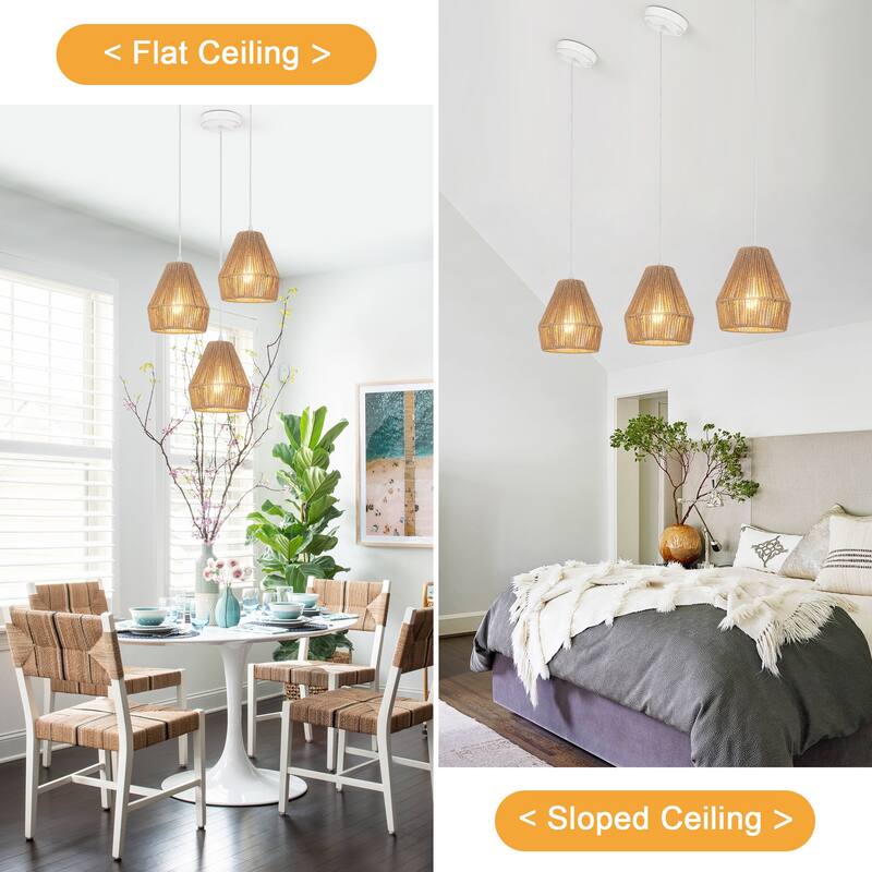 (Set of 3)1-Light Paper Rope Shaded Pendant Lights for Kitchen ，Set of Lghting Fixtures, Farmhouse Semi Flush Mount Chandelier