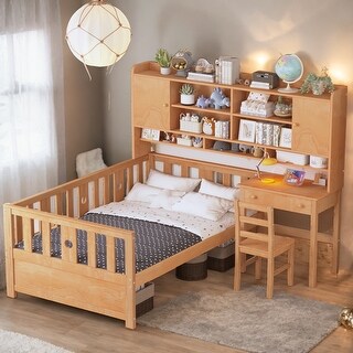 Natural Twin Size Wood Platform Bed with Bookshelf, House Bed with Built-in Desk and Matching Chair