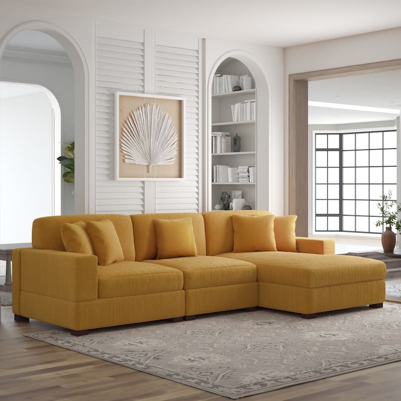 118" W Corduroy L-shape Modular Sectional Sofa with Pillows - Orange - Right Facing