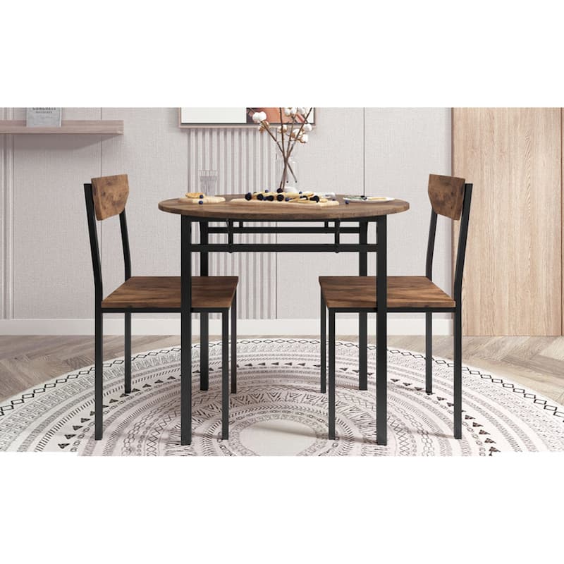 Roomfitters Modern 3-Piece Round Dining Table Set with Dual Drop Leaf and 2 Chairs for Small Spaces, Rustic Brown & Black