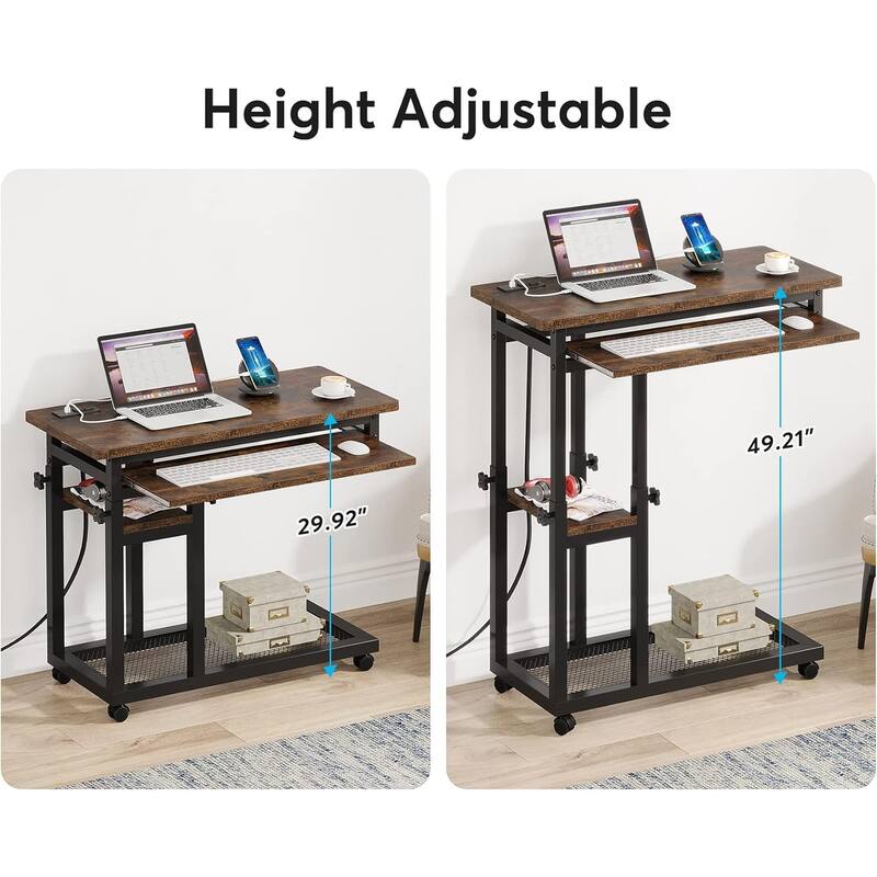 28"-39.3" Height Adjustable Portable Desk with Power Outlet & USB Ports - Brown