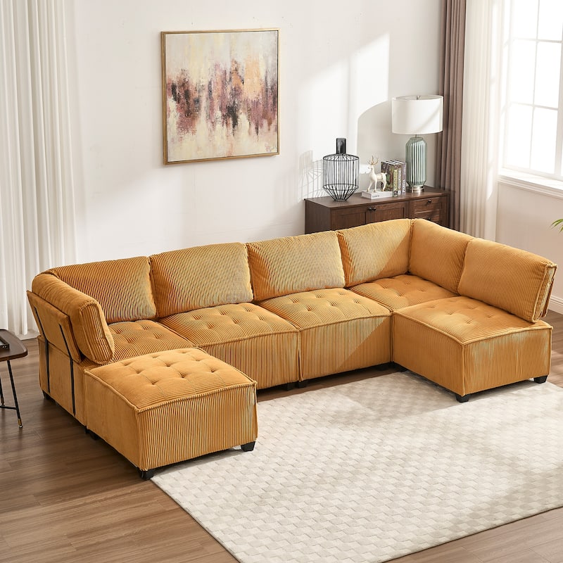 GDFStudio - Corduroy 6-Seater 121.26" Modular U-Shaped Sectional Sofa - Mustard yellow