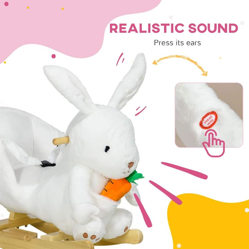 Children’s Bunny Rocking Ride-On with Plush Velvet Body and Sturdy Wood Base Foot Pedals - 23.5" L x 13" W x 19.75" H