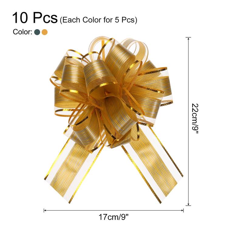 10pcs 7 Inch Large Pull Bow Gift Wrapping Bows Ribbon Organza Bows - Gold, Green