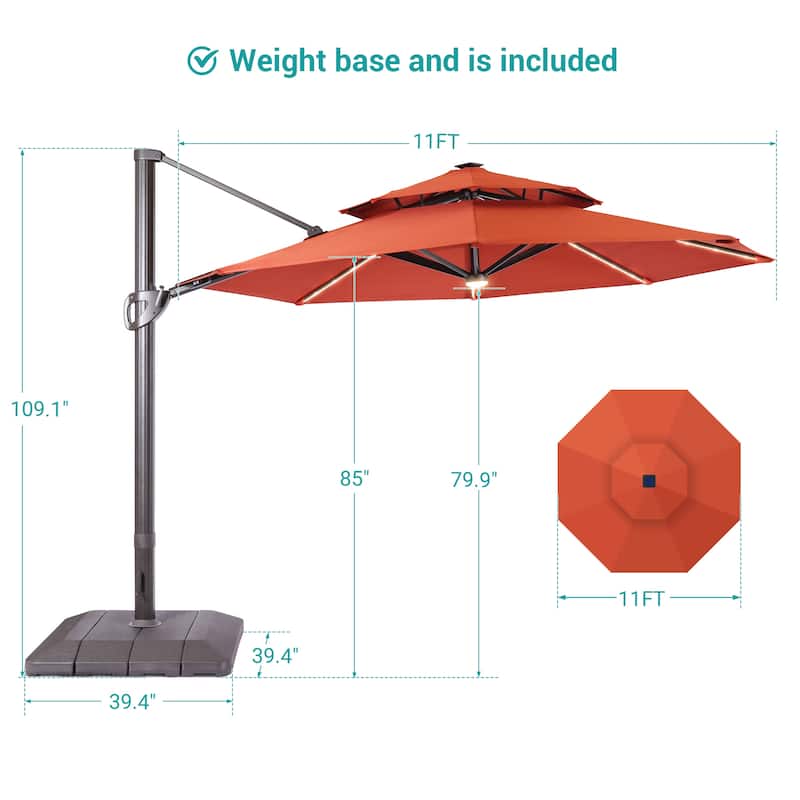 BONOSUKI 11Ft LED Double Top Aluminum LED Cantilever Patio Umbrella with Base for Patio Deck Garden, Red
