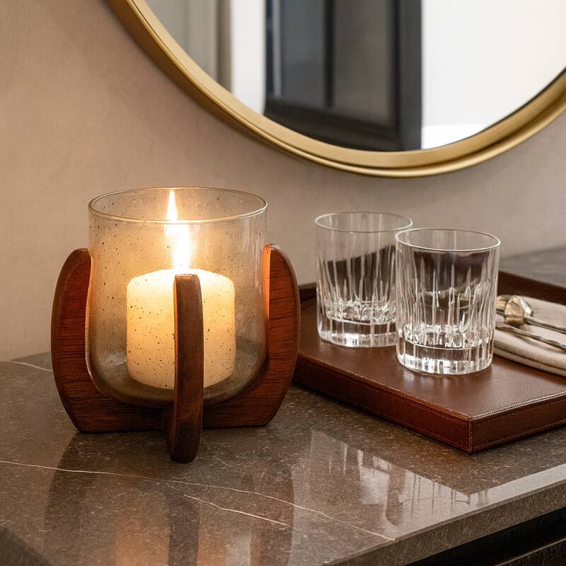 Glass Votive Candle Holder Wood Base - Brown/Clear, 7 in.