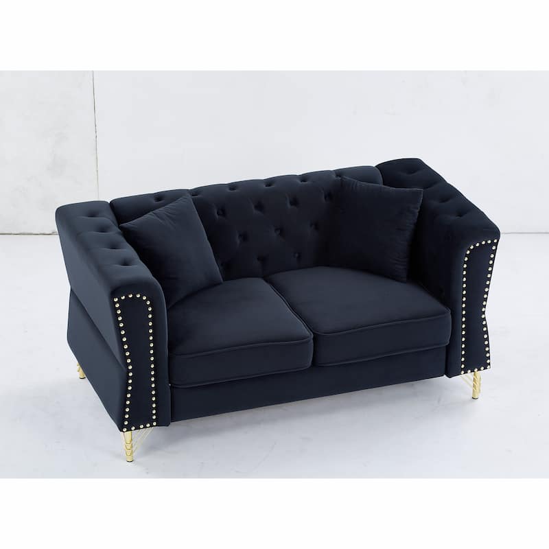 60.2" Chesterfield Velvet Sofa, 2-Seater Tufted Couch with Nailhead Trim and Metal Legs, Ideal for Living Room