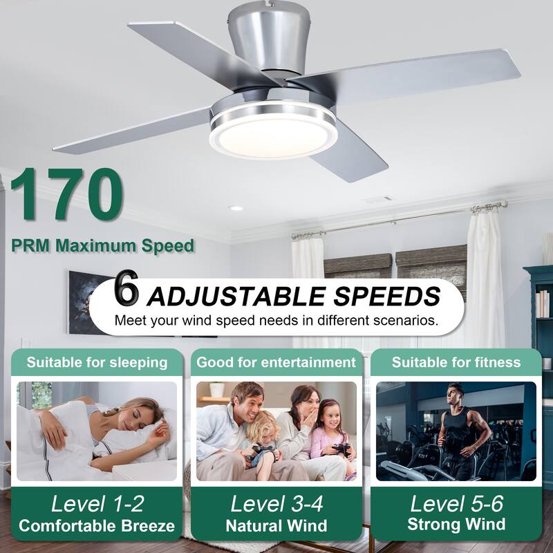 Cusp Barn 44" Low Profile Flush Mount Ceiling Fans with Lights and Remote, Modern 6 Speeds Quiet Reversible DC Motor Ceiling Fan