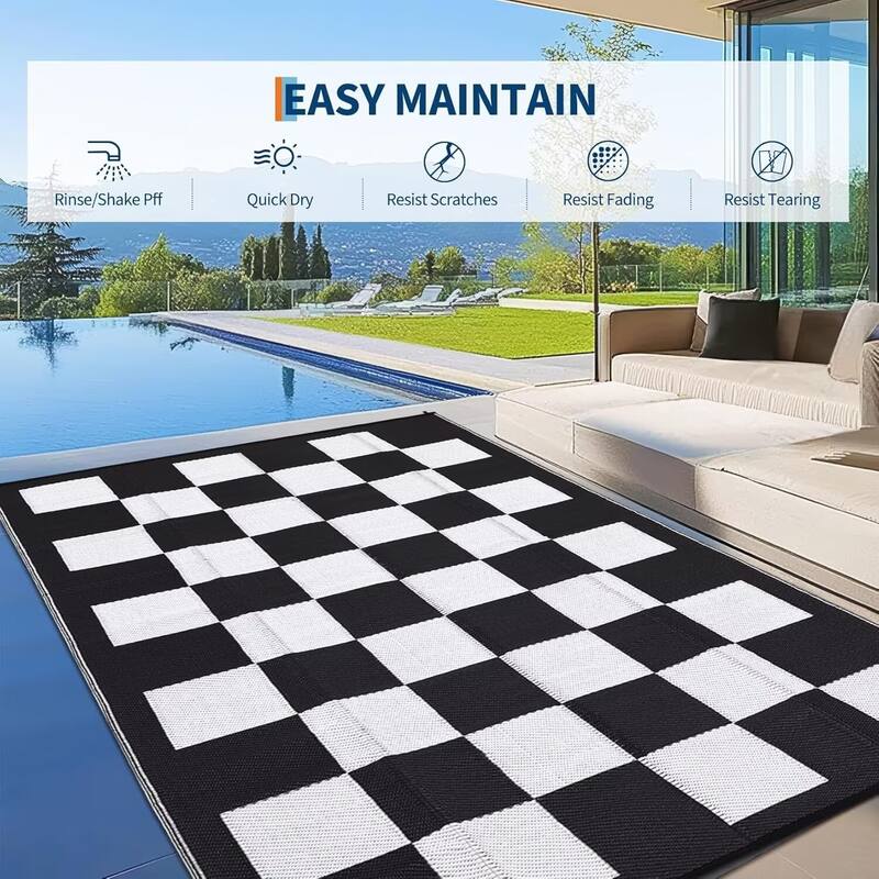 Outdoor Rug Checkerboard Geometric Plaid Pattern, Waterproof Plastic Straw Rug, UV Resistant Foldable Outdoor Rug