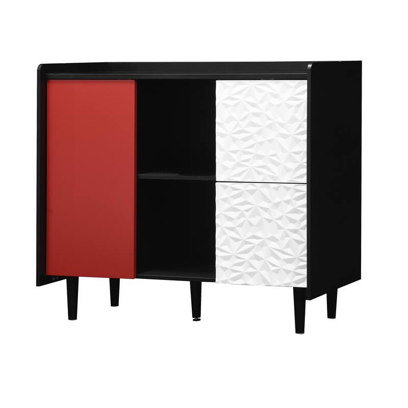 Sideboard Buffet Cabinet,Black Storage Cabinet with Red Doors,2 Drawers with unique panel styling and 2 Open Storage Compartment