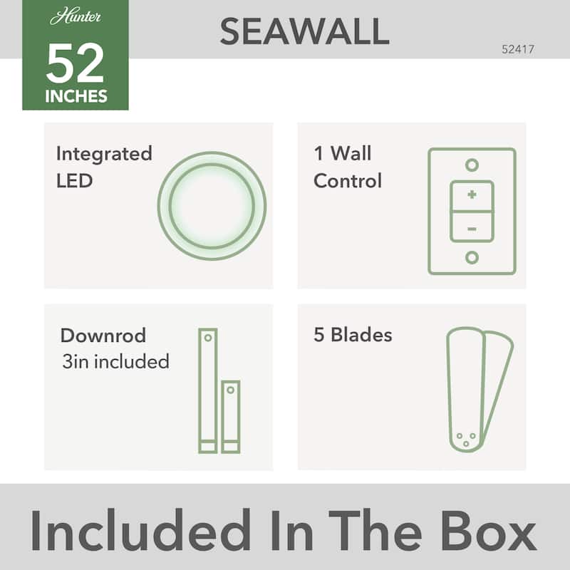 Hunter 52" Seawall Outdoor Ceiling Fan with LED Light Kit, Wall Control - Wet Rated!