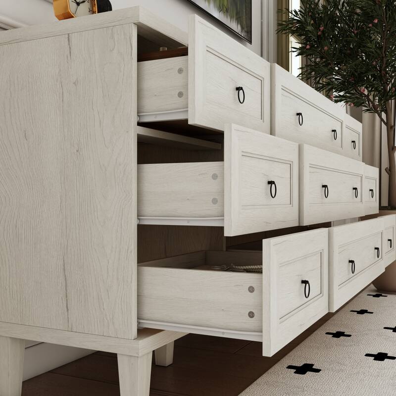 63.4" Wide 9 Drawer Dresser, Modern Light Wood Bedroom Dresser with Solid Legs for Storage