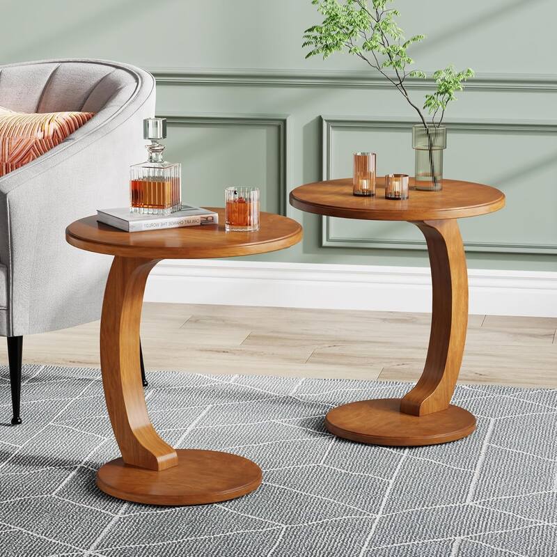 Small Round End Table, C-Shaped Sofa Side Table for Couch, Living Room - 18.89" W x 18.89" D x 23.62" H - 2 Piece-Brown