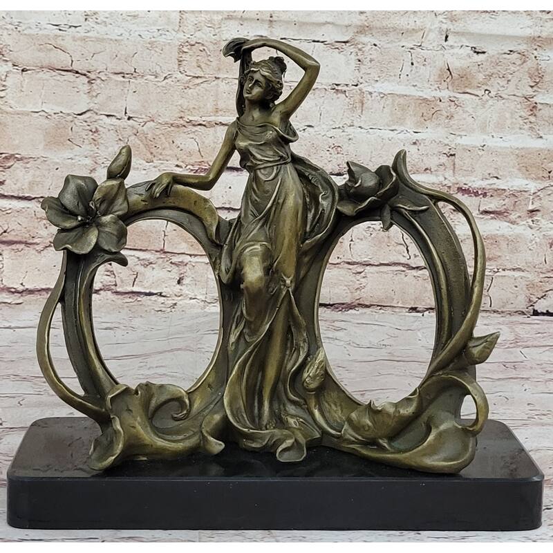 Art Nouveau Bronze Lady Figural Picture Frame Hot Cast Detailed Maiden Sculpture