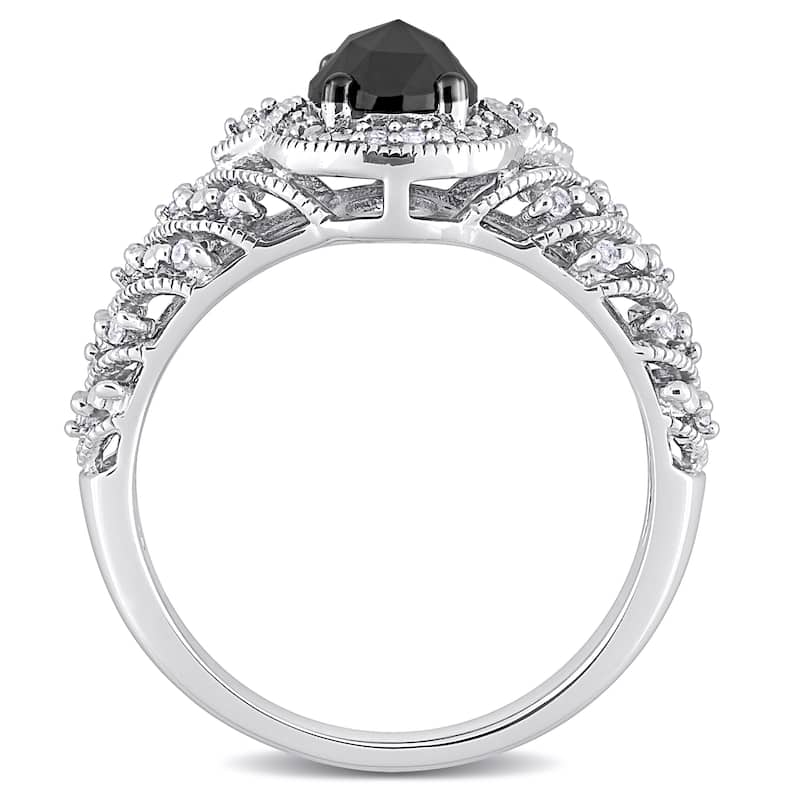 Miadora 10k White Gold 1ct TDW Oval-cut Black and White Diamond Halo Vintage Engagement Ring