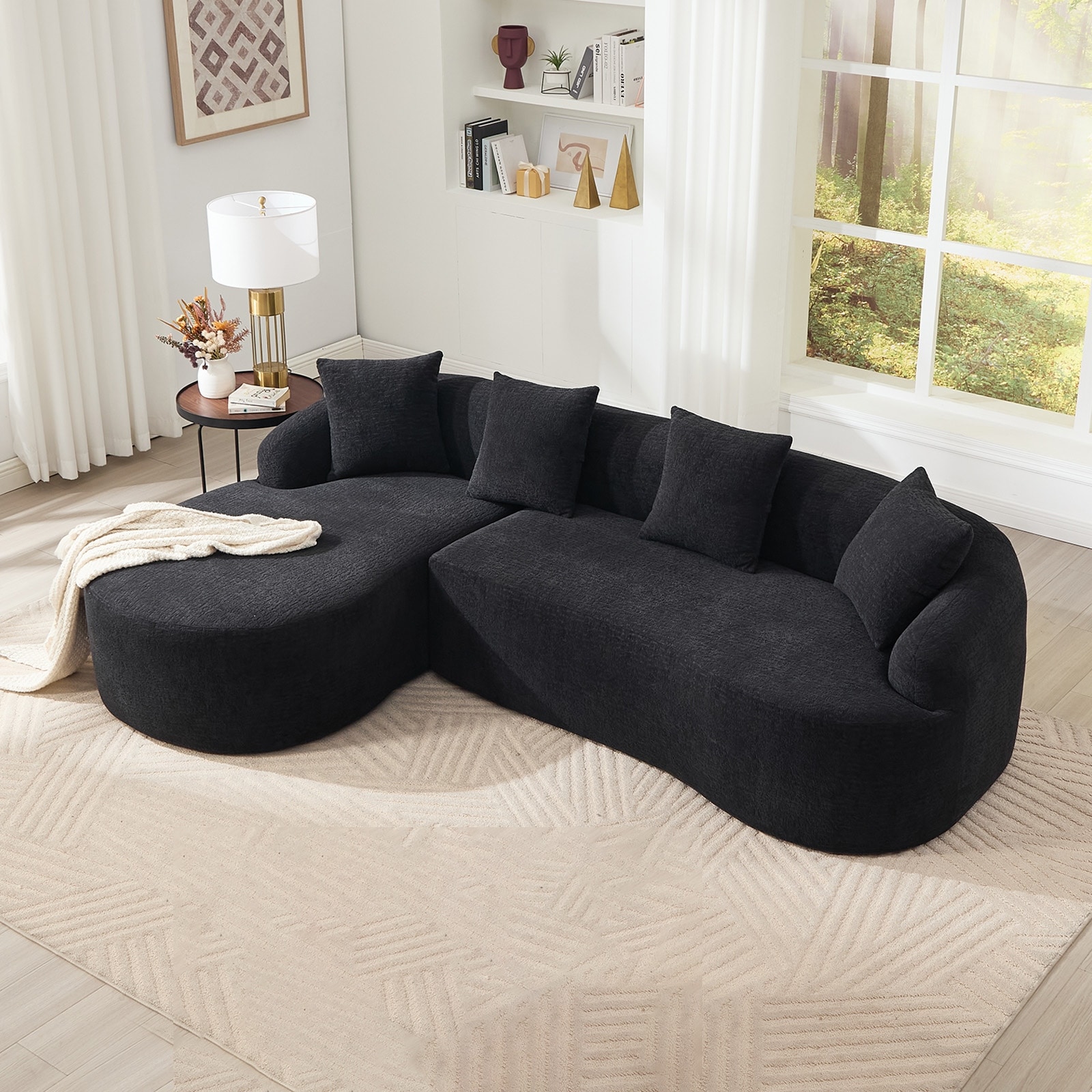 Modern Chenille Modular Sectional Sofa with Curved Chaise and 4 Pillows, Deep Seat L-Shaped Couch for Living Room
