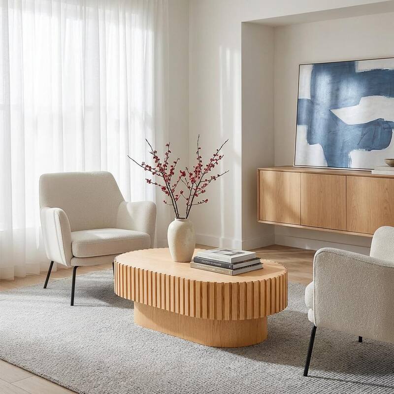 43.1"Oval Coffee Table,Mid Century Modern Fluted Coffee Table with Pedestal, Classic Wood Coffee Table for Living Room