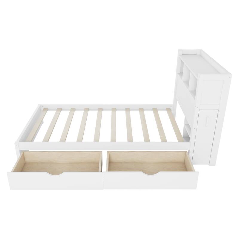 Roomfitters Twin/Full Platform Bed, LED Bookcase Headboard and Pull Out Storage Drawers with Wooden Frame for Bedrooms
