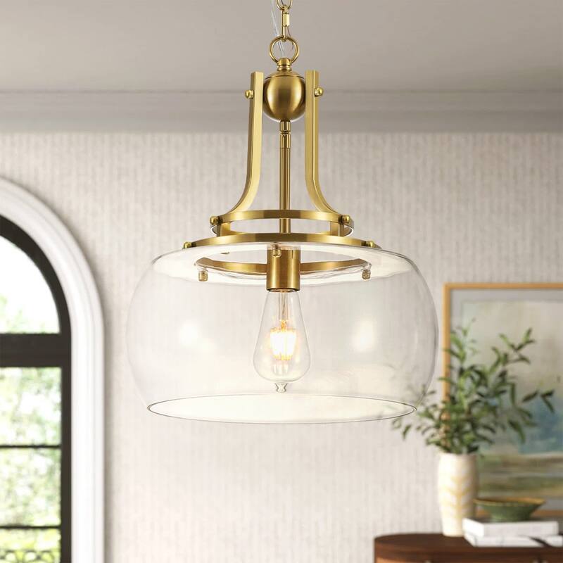 13.8" W Mid-Century Modern Rustic Gold Dome Design Ceiling Pendant with Clear Glass Shade for Dining Room, Kitchen Island, Foyer