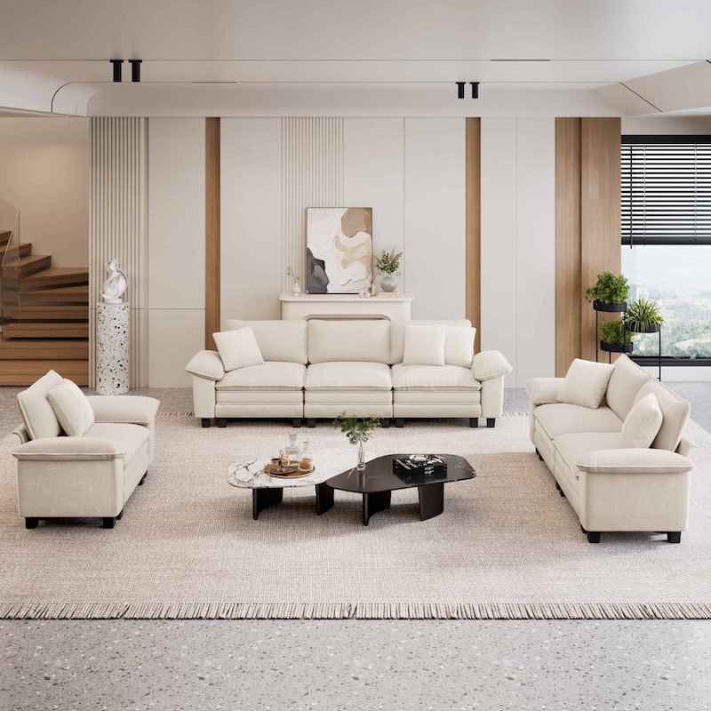 MAISON ARTS Chenille & Corduroy Modular Sectional Sofa Set, Comfy 5/6/7-Seat Living Room Couch with 3-Seater or Loveseat - Beige Chenille (6 Pieces) - Reversible