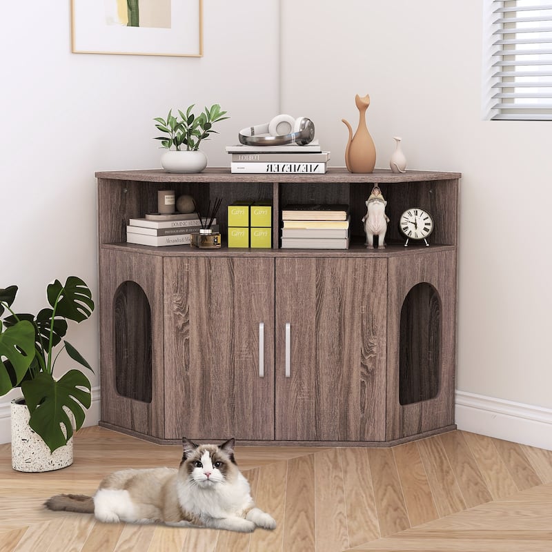 Gymax 3-Tier Modern Corner Cat Litter Box Enclosure w/ Storage Shelves