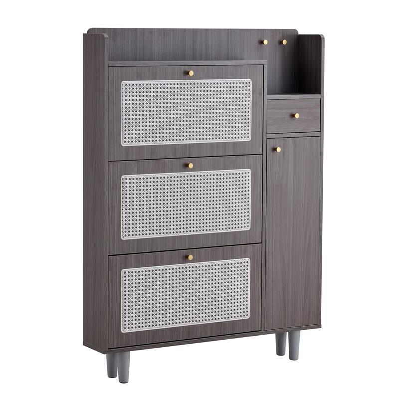 Minimalist MDF Shoe Cabinet with Japanese Rattan Design for Hallways or Living Room Storage Solutions