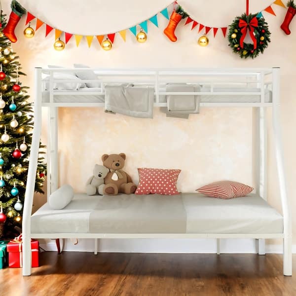slide 2 of 10, Twin XL over Queen Metal Bunk Bed with Ladder and Safety Guardrails,Kids Bed Design White