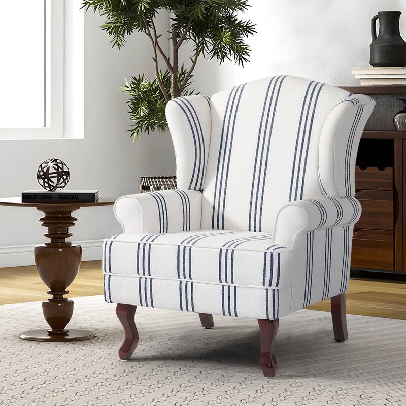 Elegant Living Room Wing Back Arm Chair Upholstered Accent Chair - Single Chair - STRIPE NAVY