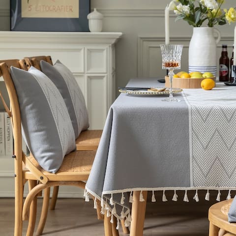 Enova Home High Quality Rectangle Cotton and Linen Tablecloth with Tassels (Grey)