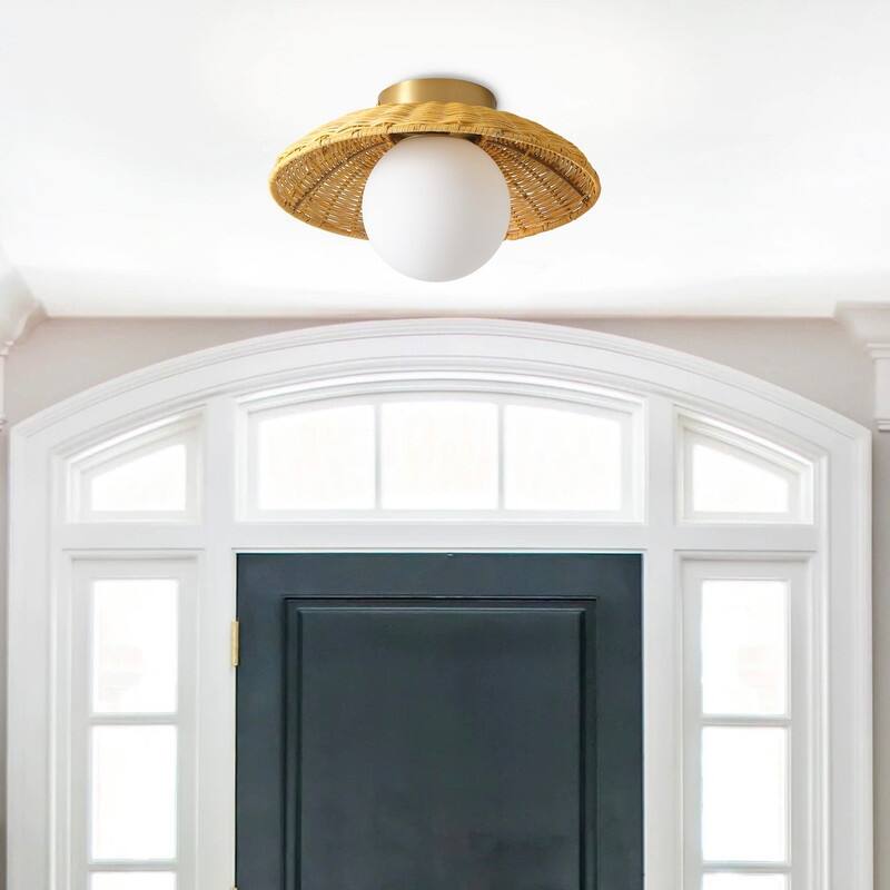Farmhouse 1-Light Brass Semi-Flush Mount Ceiling Light with Handwoven Rattan Shade