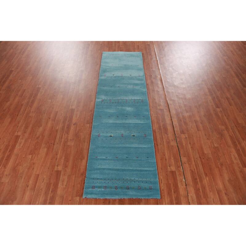 Hand Knotted Oriental 100% Wool Carpet Tribal Animal Pictorial Navy Blue & Blues Gabbeh Runner Rug - 9' 9'' X 2' 9''