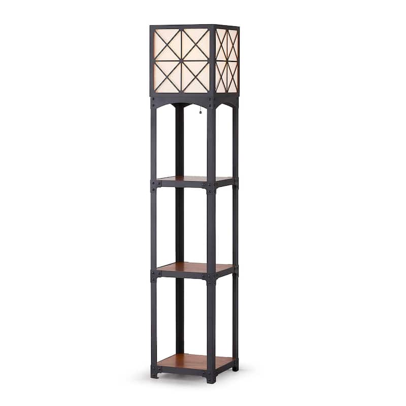 64"H Vintage Iron with Wood Shelves Floor Lamp - X-Pattern Shade