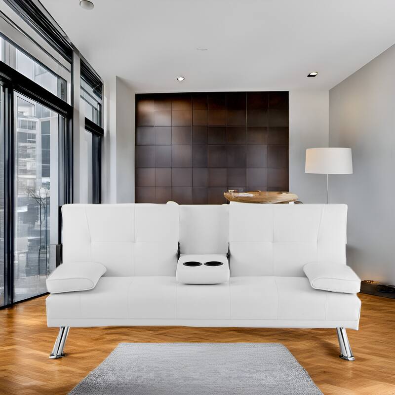 Convertible Futon Sofa Bed with Armrests & Cupholders - Faux Leather Reclining Couch for Small Spaces